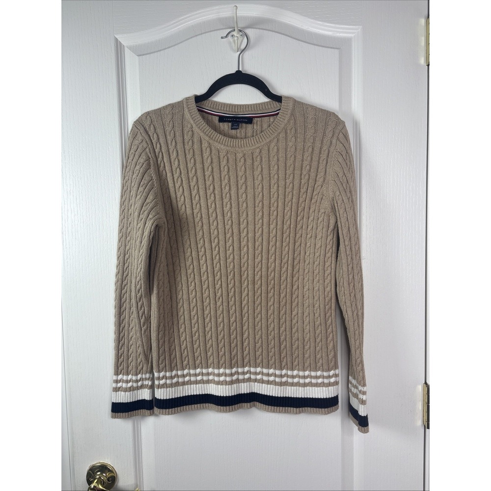 Tommy Hilfiger Womens Cable Knit Cricket Sweater Tan Navy Tipped Preppy Size L